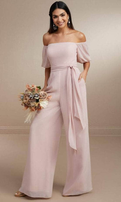 Christina Wu Celebration 22171 - Off-Shoulder Jumpsuit Special Occasion Dress 0 / Frost Rose