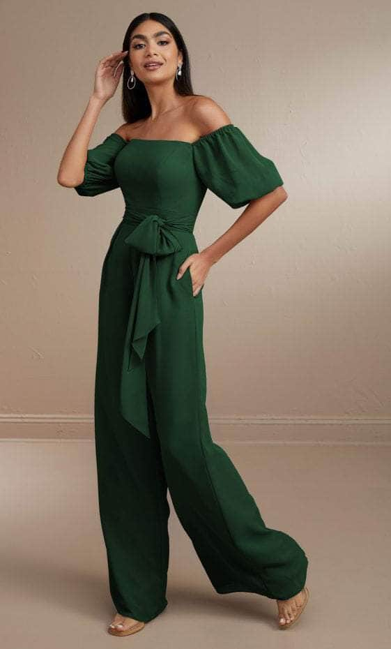 Christina Wu Celebration 22171 - Off-Shoulder Jumpsuit Special Occasion Dress 0 / Hunter Green