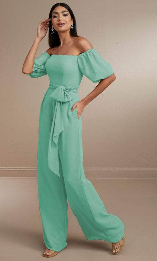 Christina Wu Celebration 22171 - Off-Shoulder Puff Sleeve Jumpsuit Special Occasion Dress 0 / Aqua