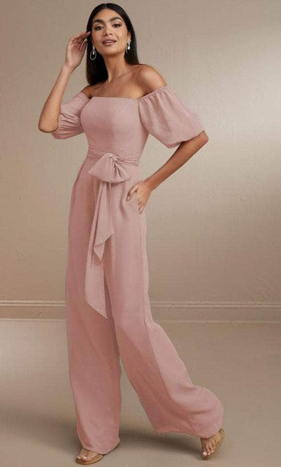 Christina Wu Celebration 22171 - Off-Shoulder Puff Sleeve Jumpsuit Special Occasion Dress 0 / Ballet