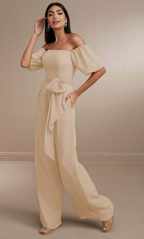 Christina Wu Celebration 22171 - Offshoulder Jumpsuit with Puff Sleeve Special Occasion Dress 0 / Rosewater