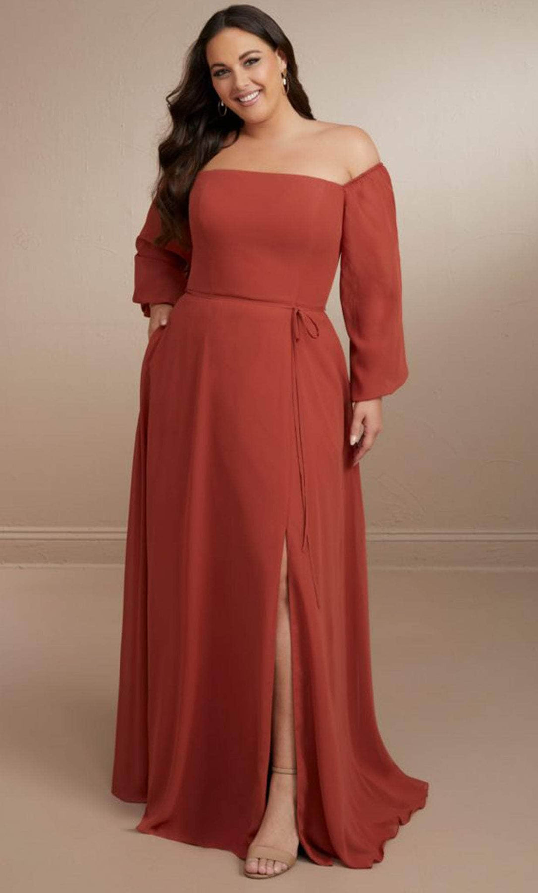 Christina Wu Celebration 22175 - Long Chiffon A-line Dress - Long Sleeves, Off-Shoulder, Self Waist Tie, Slit, Side Pockets, Train, Seams ADASA Christina Wu Celebration 22175 - Long Chiffon A-line Dress - Long Sleeves, Off-Shoulder, Self Waist Tie, Slit, Side Pockets, Train, Seams ADASA