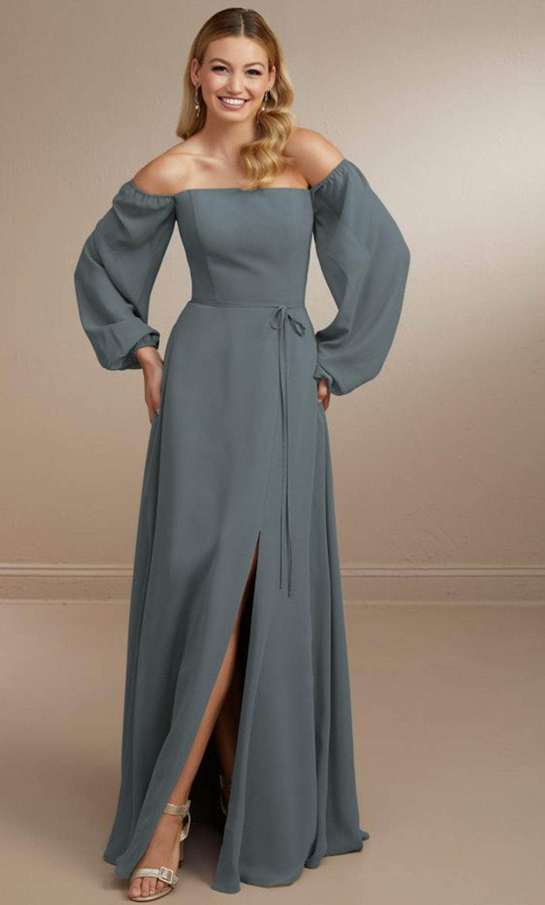 Christina Wu Celebration 22175 - Long Chiffon A-line Dress - Long Sleeves, Off-Shoulder, Self Waist Tie, Slit, Side Pockets, Train, Seams ADASA Christina Wu Celebration 22175 - Long Chiffon A-line Dress - Long Sleeves, Off-Shoulder, Self Waist Tie, Slit, Side Pockets, Train, Seams ADASA