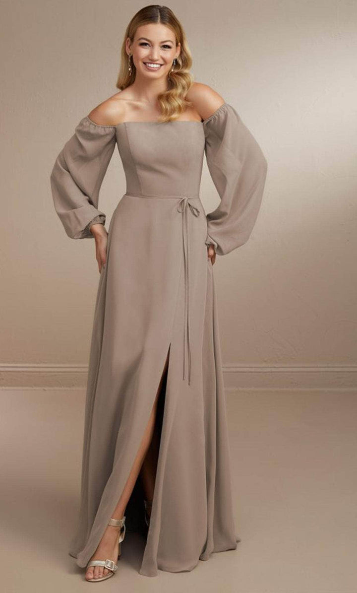 Christina Wu Celebration 22175 - Long Chiffon A-line Dress - Long Sleeves,  Off-Shoulder, Self Waist Tie, Slit, Side Pockets, Train, Seams  ADASA