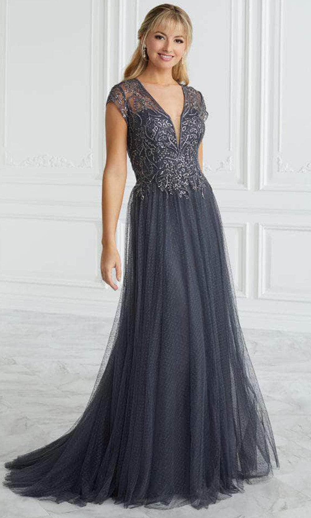 Christina Wu Elegance 17091 - Beaded Sheer Short Sleeve Evening Gown Evening Dresses 6 / Charcoal