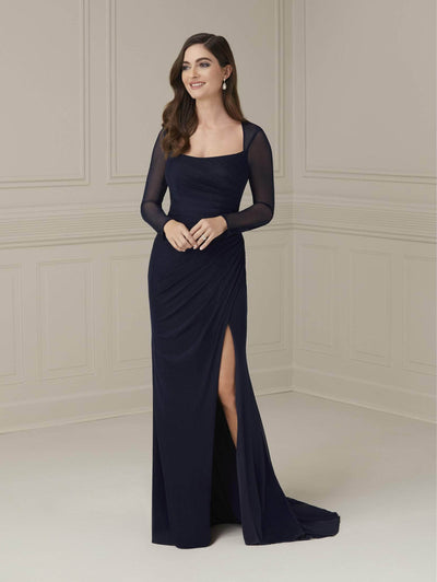 Christina Wu Elegance 17101 - Illusion Sleeve Sheath Evening Dress In Blue