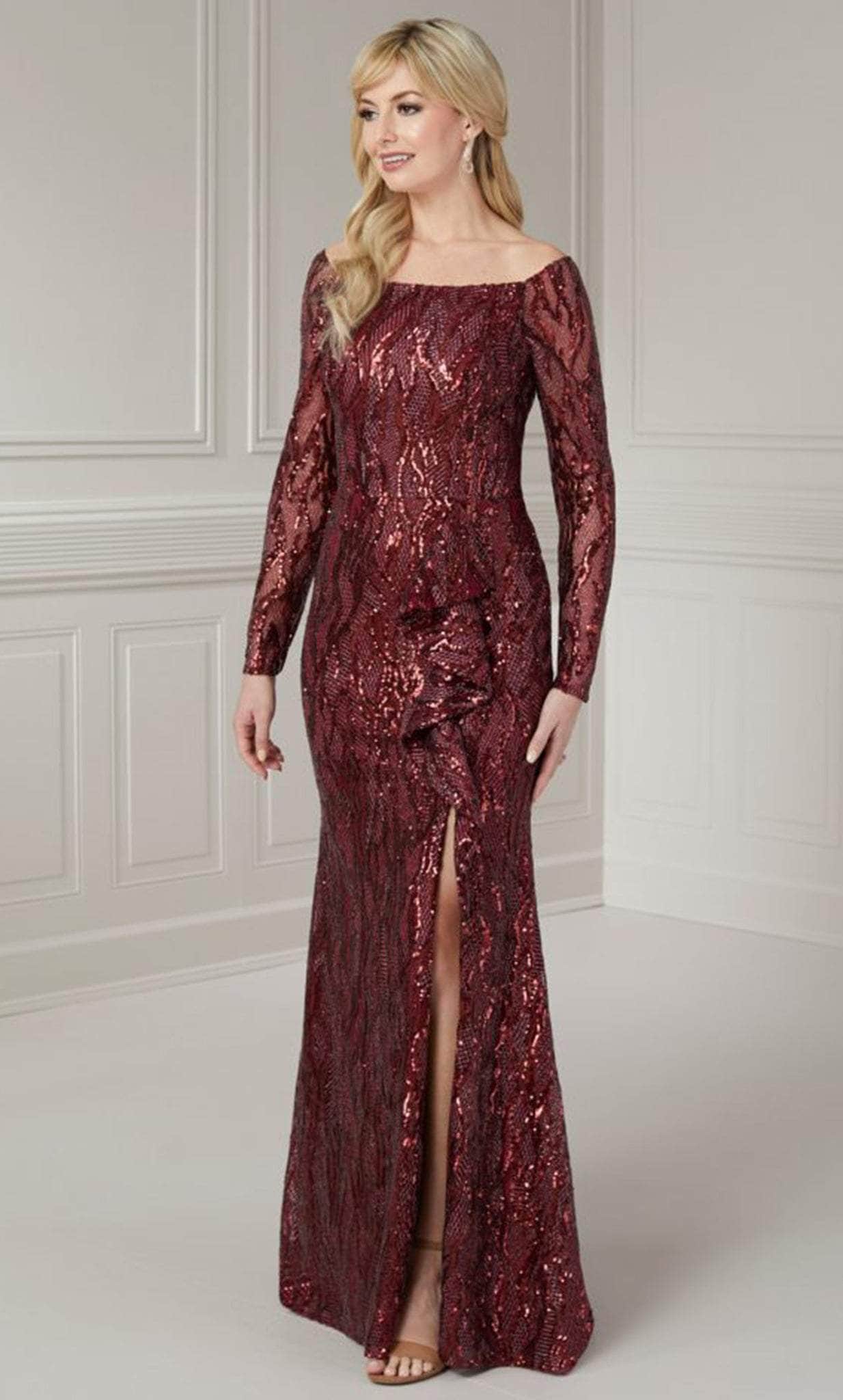 Christina Wu Elegance 17130 - Off Shoulder Sequin Evening Gown Winter Formals and Balls 2 / Wine