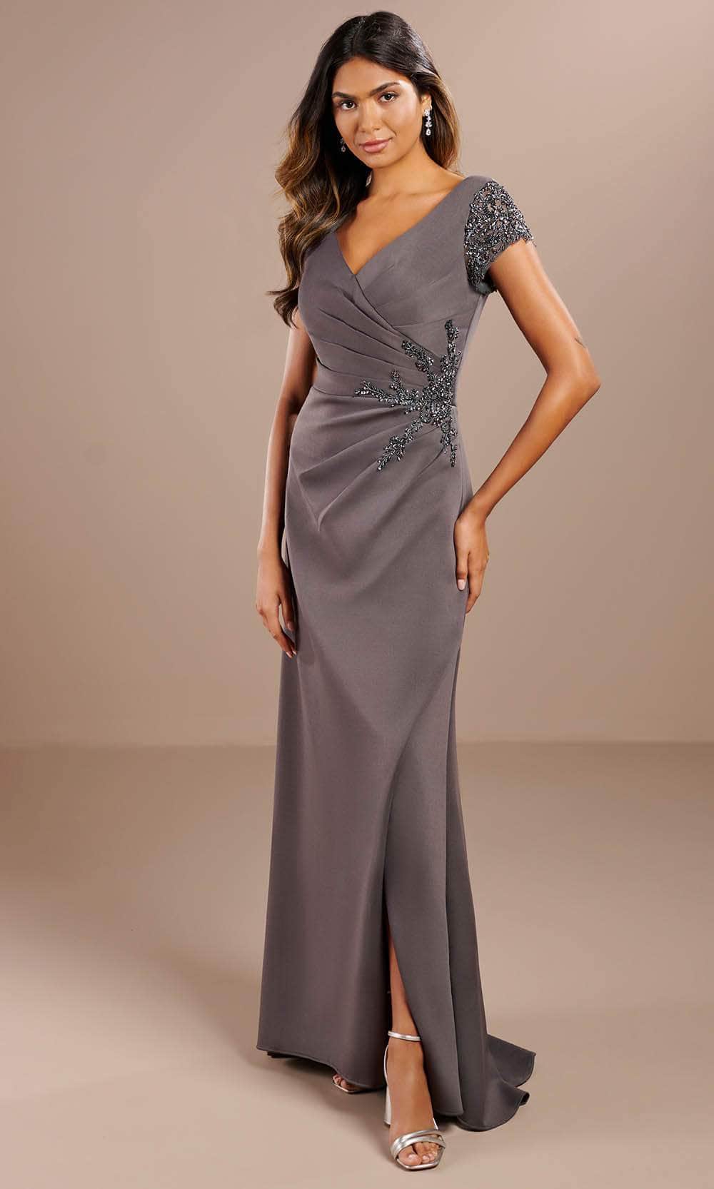 Christina Wu Elegance 17147 - Long Scooba Jersey Trumpet Dress - Short Sleeves, Pleats, Beaded, V-Open Back, Concealed Zipper Closure, High Slit, Christina Wu Elegance 17147 - Long Scooba Jersey Trumpet Dress - Short Sleeves, Pleats, Beaded, V-Open Back, Concealed Zipper Closure, High Slit,