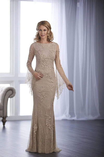 Christina Wu Elegance - 17847 Lace Bell Sleeve Bateau Sheath Dress Special Occasion Dress 0 / Taupe