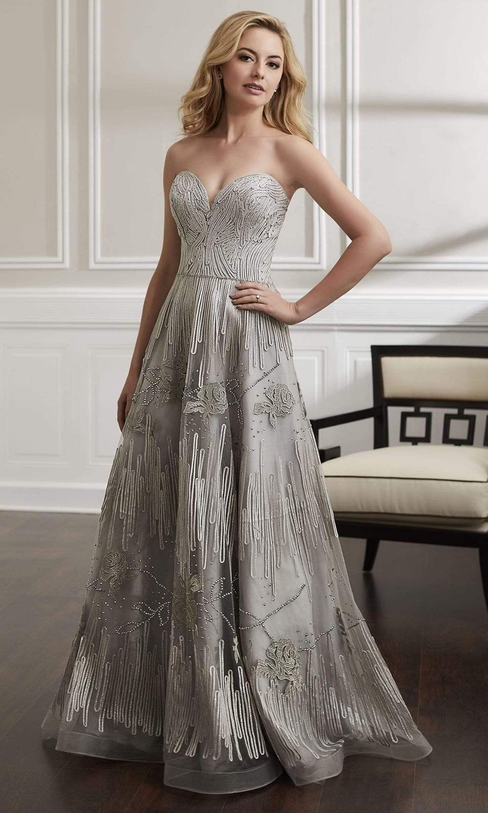 Christina Wu Elegance - Lace Appliqued Strapless Tulle Long Gown 17907SC In Neutral
