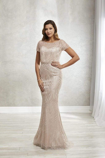 Christina Wu Elegance - 17925 Short Sleeve Beaded Illusion Bateau Gown Special Occasion Dress 2 / Rose Gold