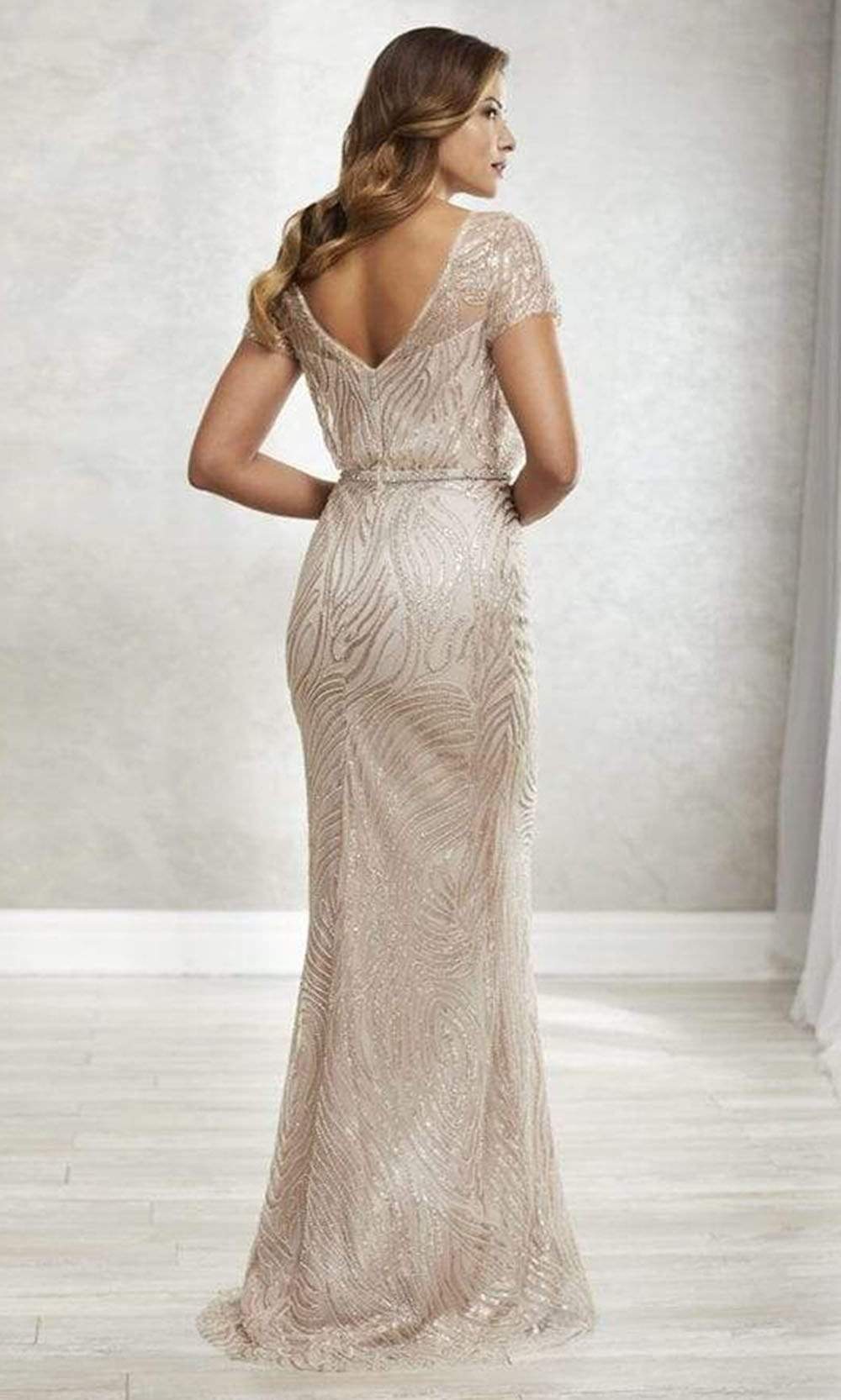Christina Wu Elegance - Short Sleeves V-Open Back Embellished Gown 17925SC In Pink and Gold