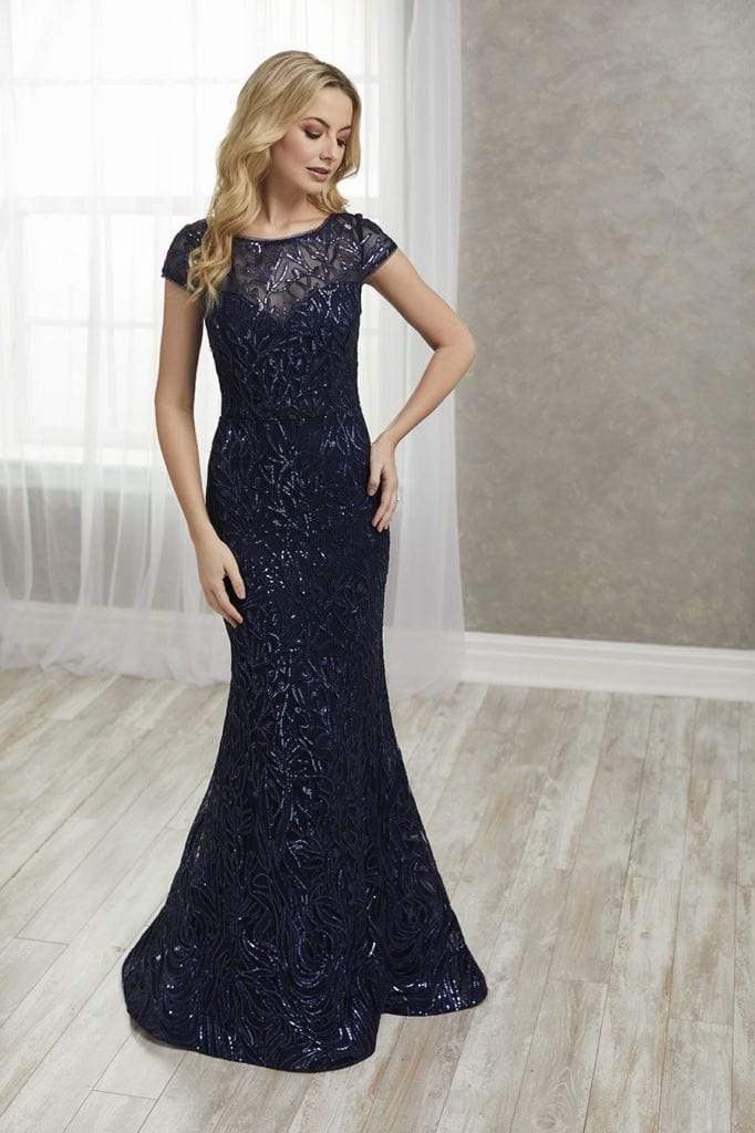 Christina Wu Elegance - 17930 Beaded Bateau Trumpet Dress With Train Special Occasion Dress 2 / Navy