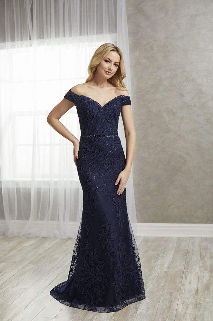 Christina Wu Elegance - 17938 Beaded Overlace Off Shoulder Gown Special Occasion Dress 2 / Navy