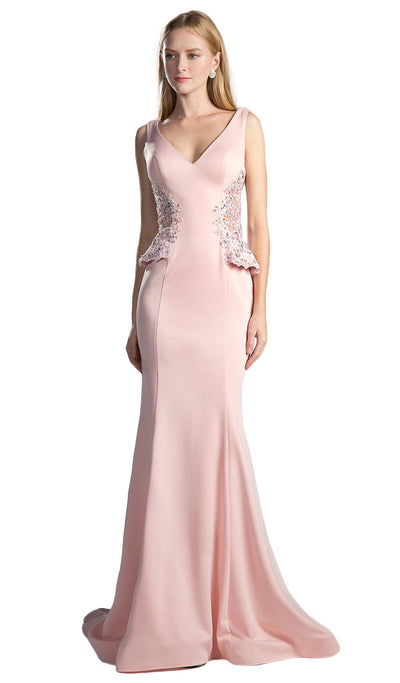 Cinderella Divine - Beaded Lace V-neck Trumpet Dress Special Occasion Dress 2 / Blush