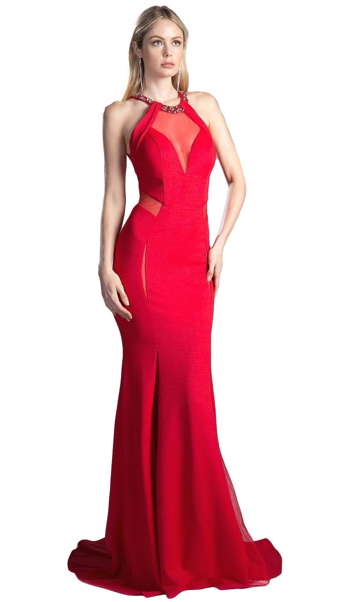 Cinderella Divine - Sheer Halter Fitted Trumpet Evening Dress in Red