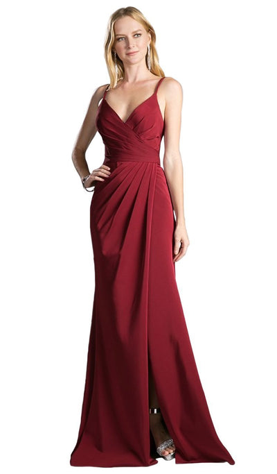 Cinderella Divine Draped Wrap Bodice High Slit Gown In Red