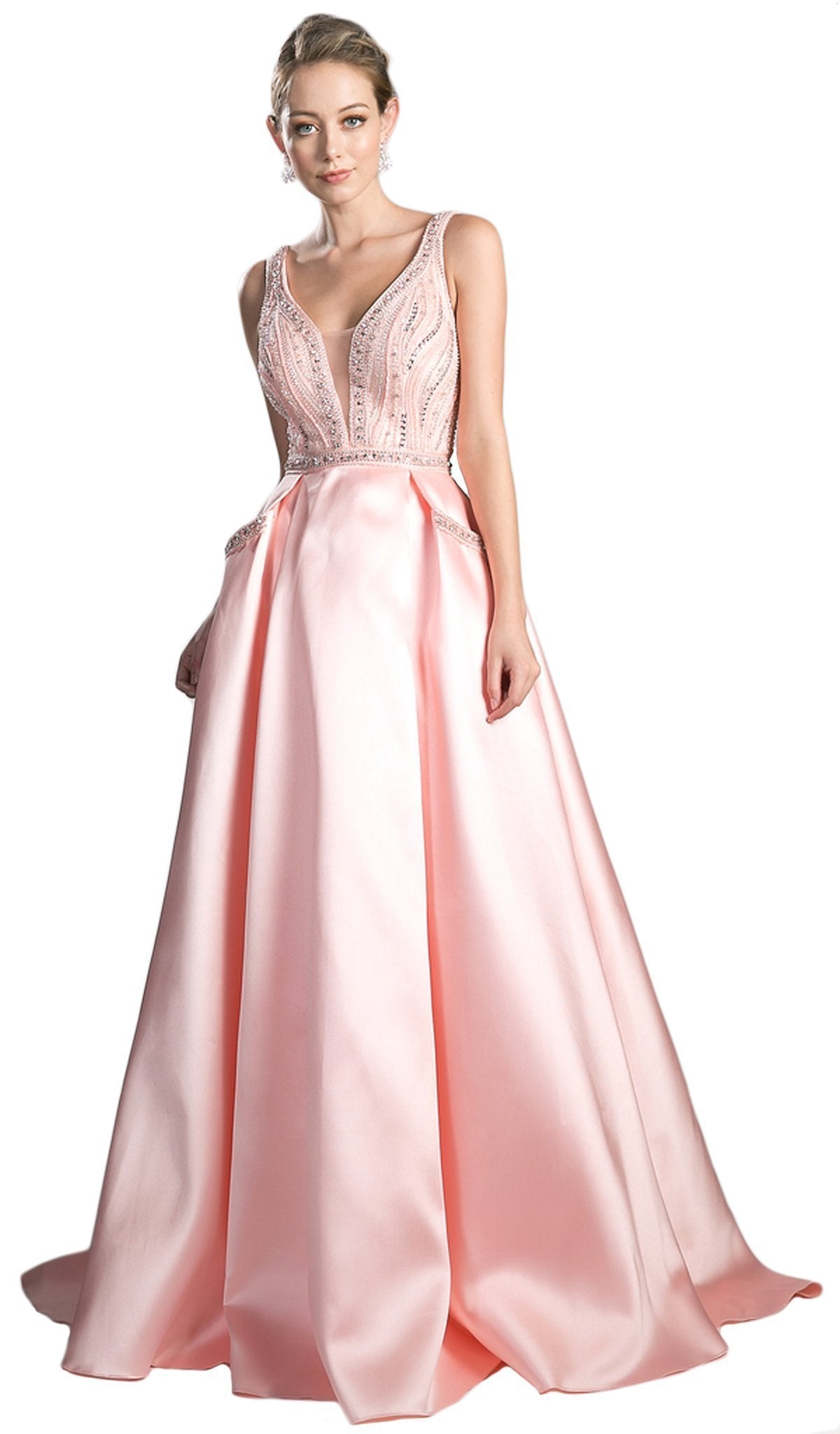 Cinderella Divine - Beaded Deep V-neck Satin Evening Gown in Pink