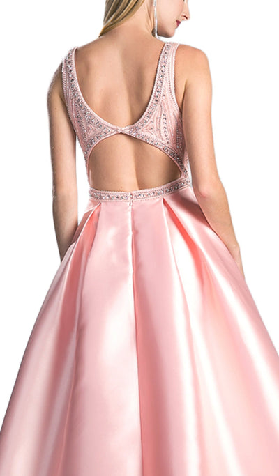 Cinderella Divine - Beaded Deep V-neck Satin Evening Gown in Pink