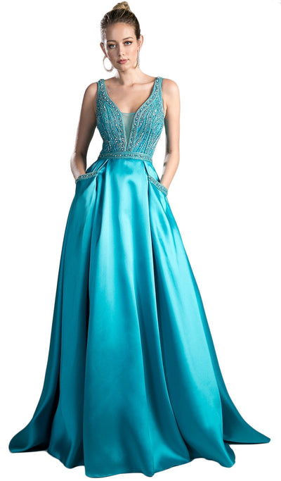 Cinderella Divine - Beaded Deep V-neck Satin Evening Gown in Green