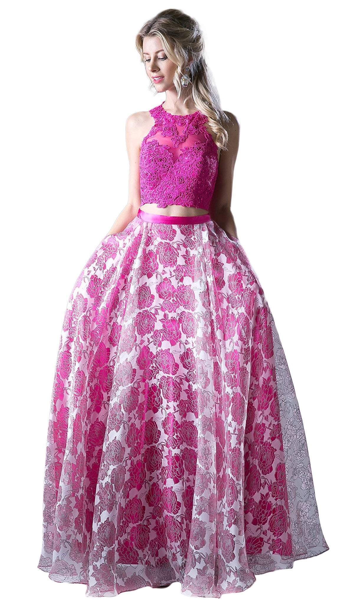 Cinderella Divine - Two Piece Sequined Floral Printed A-line Gown in Pink