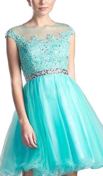 Cinderella Divine - UJ0012SC Adorned Lace Illusion Jewel A-Line Dress