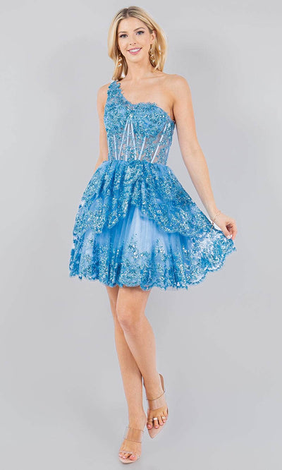 Cinderella Couture 5132J - Floral Glitter A-Line Cocktail Dress Special Occasion Dress XS / Blue