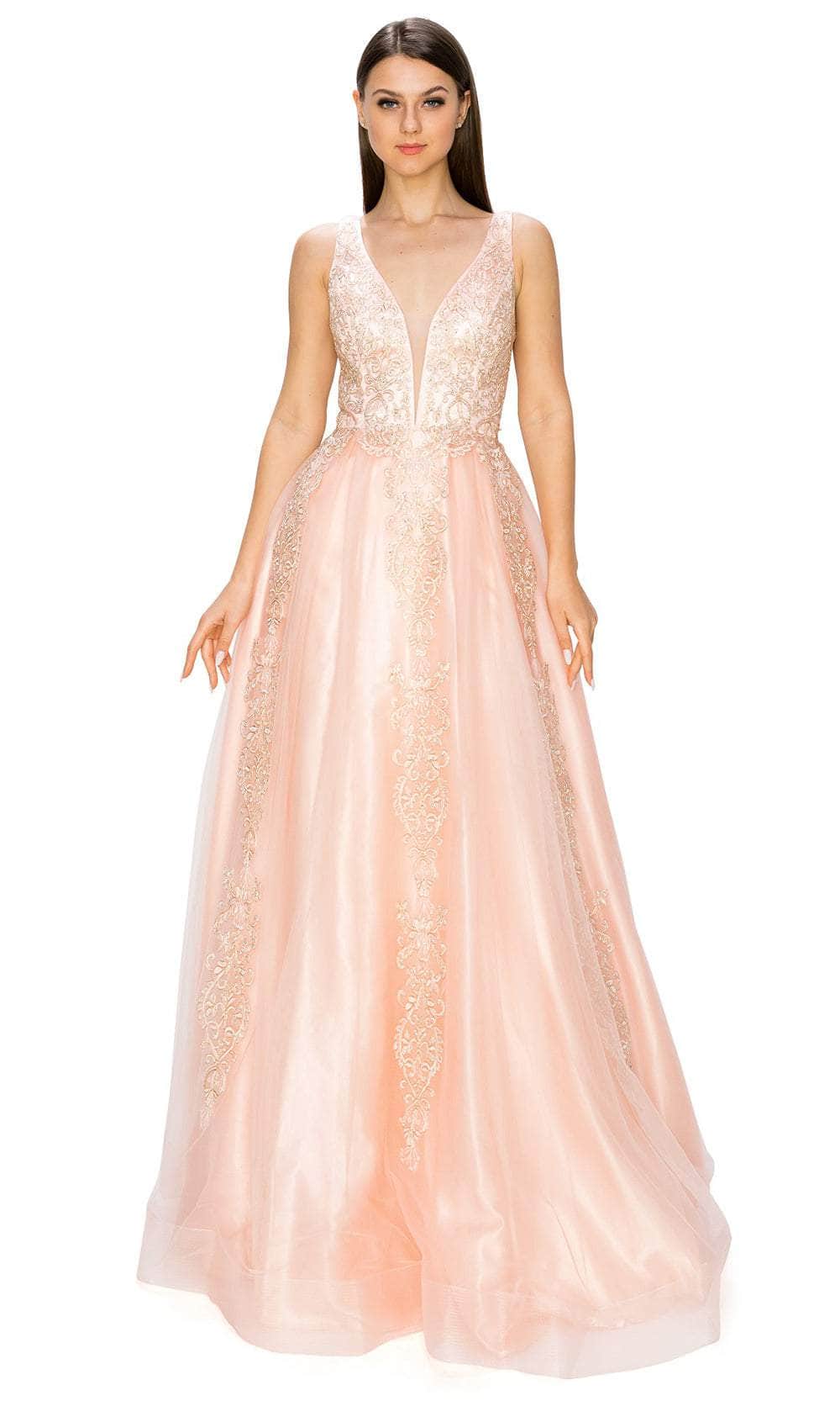 Cinderella Couture 8029J - Plunging V-Neck Tulle Prom Gown Special Occasion Dress XS / Blush