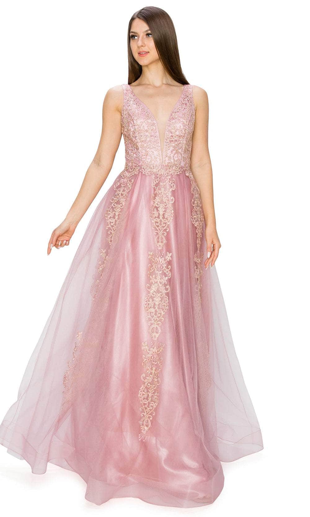 Cinderella Couture 8029J - Plunging V-Neck Tulle Prom Gown Special Occasion Dress XS / Dusty Rose