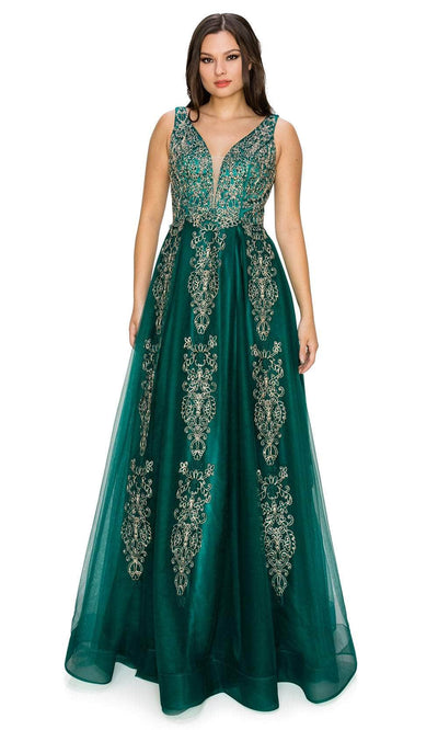Cinderella Couture 8029J - Plunging V-Neck Tulle Prom Gown Special Occasion Dress XS / Green Hunter
