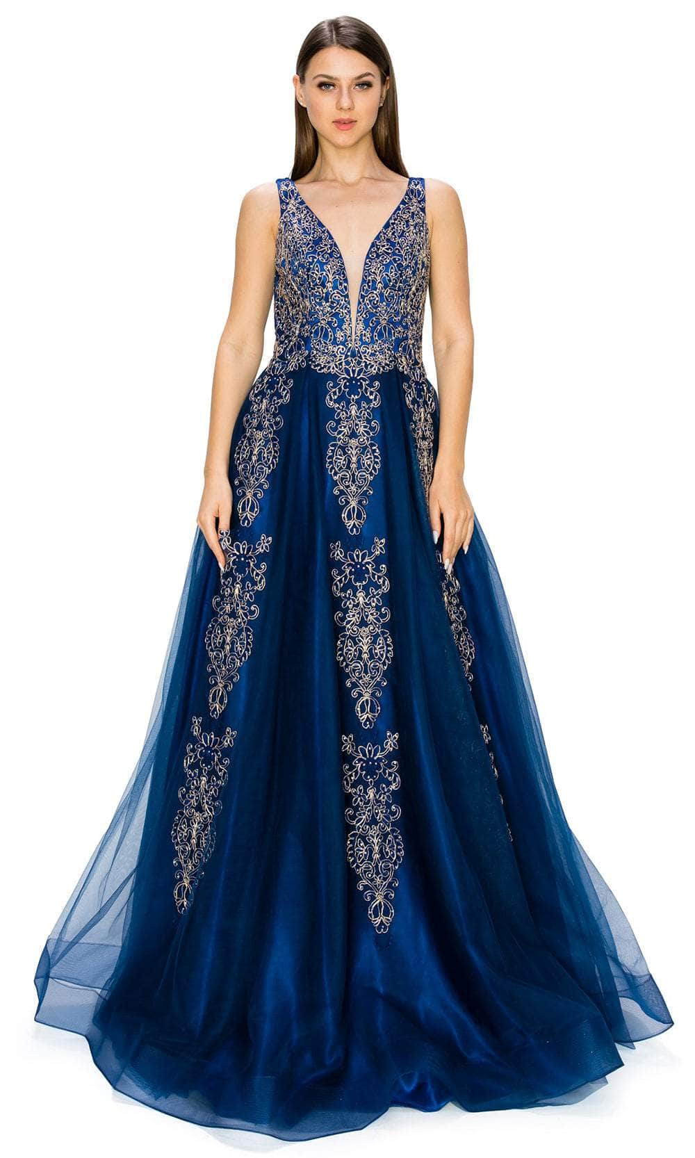 Cinderella Couture 8029J - Plunging V-Neck Tulle Prom Gown Special Occasion Dress XS / Navy