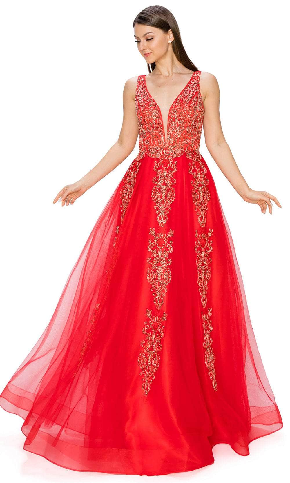 Cinderella Couture 8029J - Plunging V-Neck Tulle Prom Gown Special Occasion Dress XS / Red
