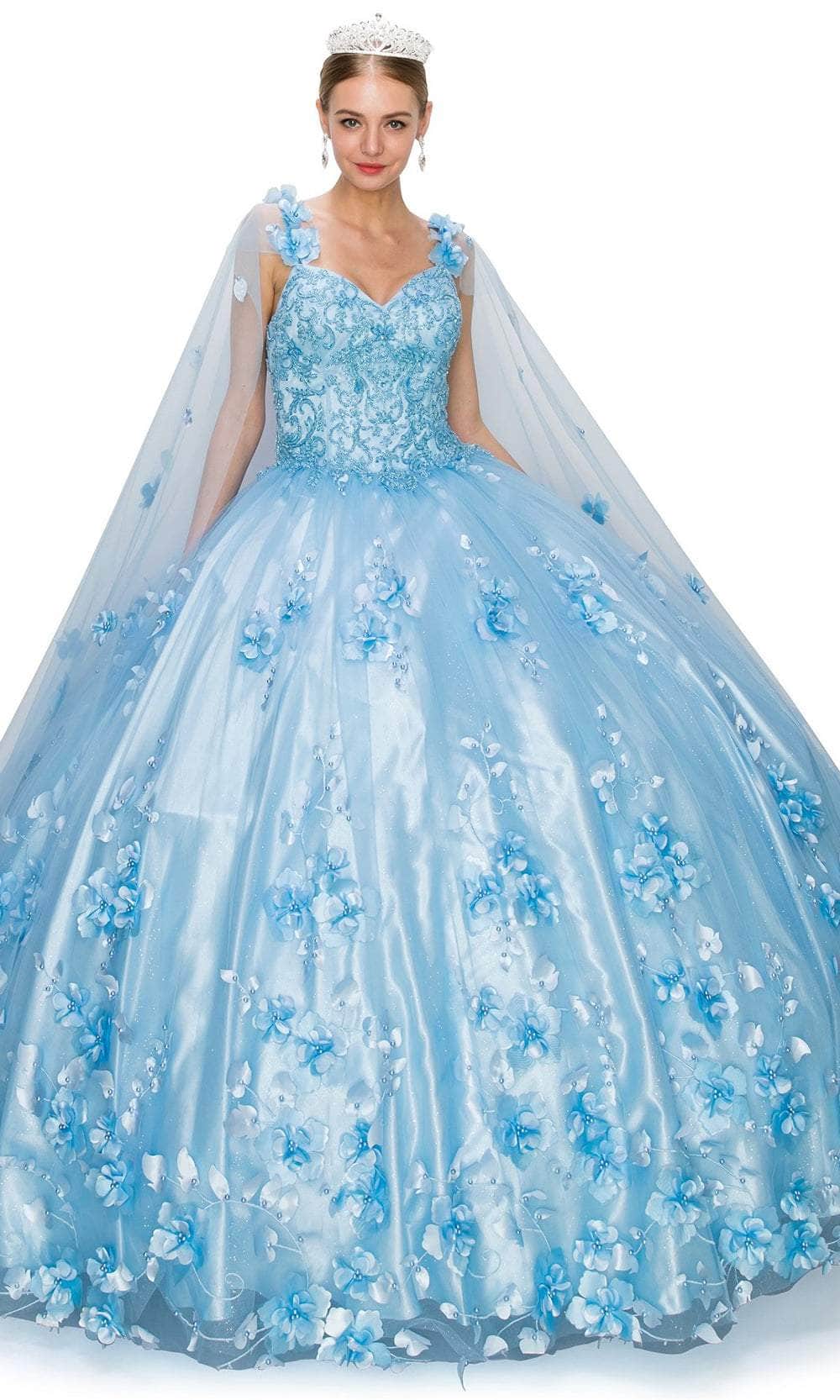 Cinderella Couture 8030J - Floral Detachable Cape Ballgown Special Occasion Dress XS / Blue