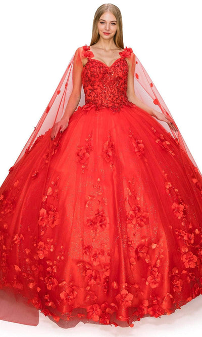 Cinderella Couture 8030J - Floral Detachable Cape Ballgown Special Occasion Dress XS / Red