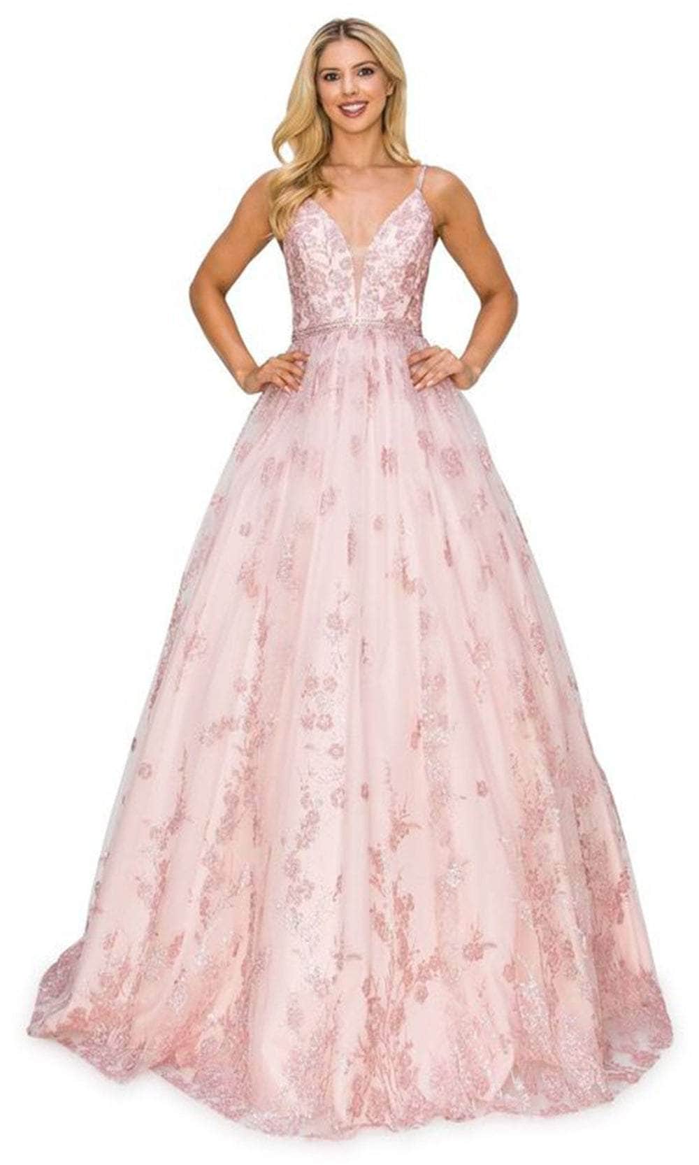 Cinderella Couture 8039J - Plunging Neck A-line Dress Special Occasion Dress XS / Blush