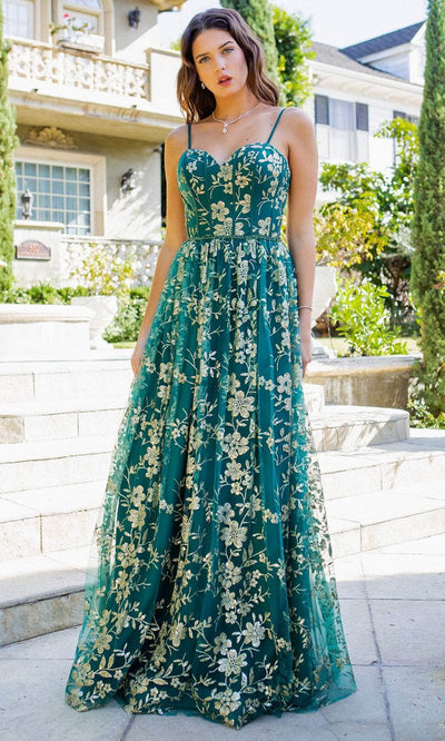 Cinderella Couture 8043J - Floral Glitter Print Prom Gown Special Occasion Dress XS / Hunter Green