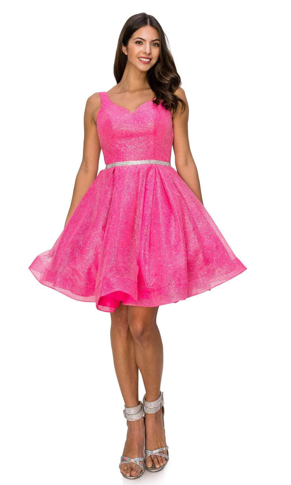 Cinderella Couture 8047J - V-Neck Glitter Mesh Cocktail Dress Special Occasion Dress XS / Hot Pink
