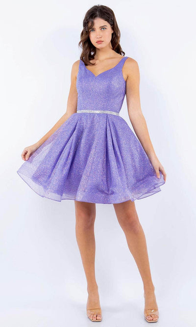 Cinderella Couture 8047J - V-Neck Glitter Mesh Cocktail Dress Special Occasion Dress XS / Lavendar