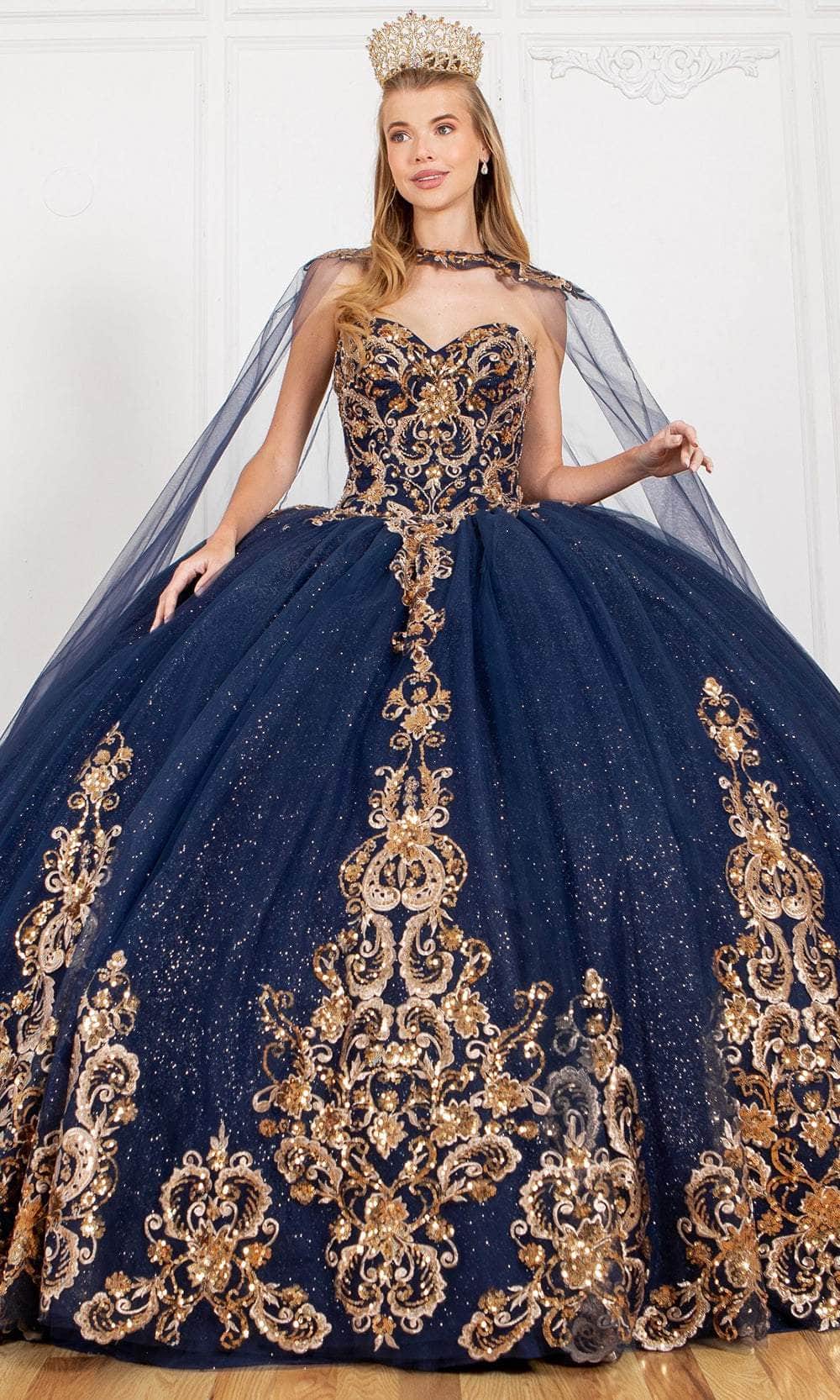 Cinderella Couture 8063J - Sweetheart Floral Applique Ballgown Ball Gowns XS / Navy