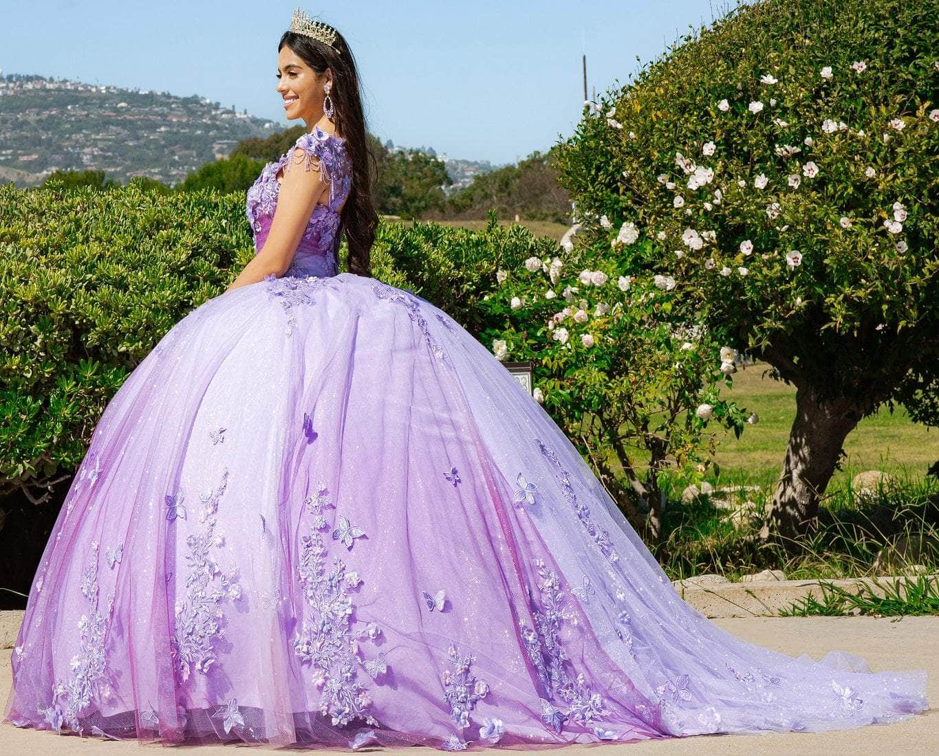 cinderella dress purple Cinderella Divine CD0154 Long Dress Beaded Applique Bodice Layered Tulle Skirt English Violet / XXS