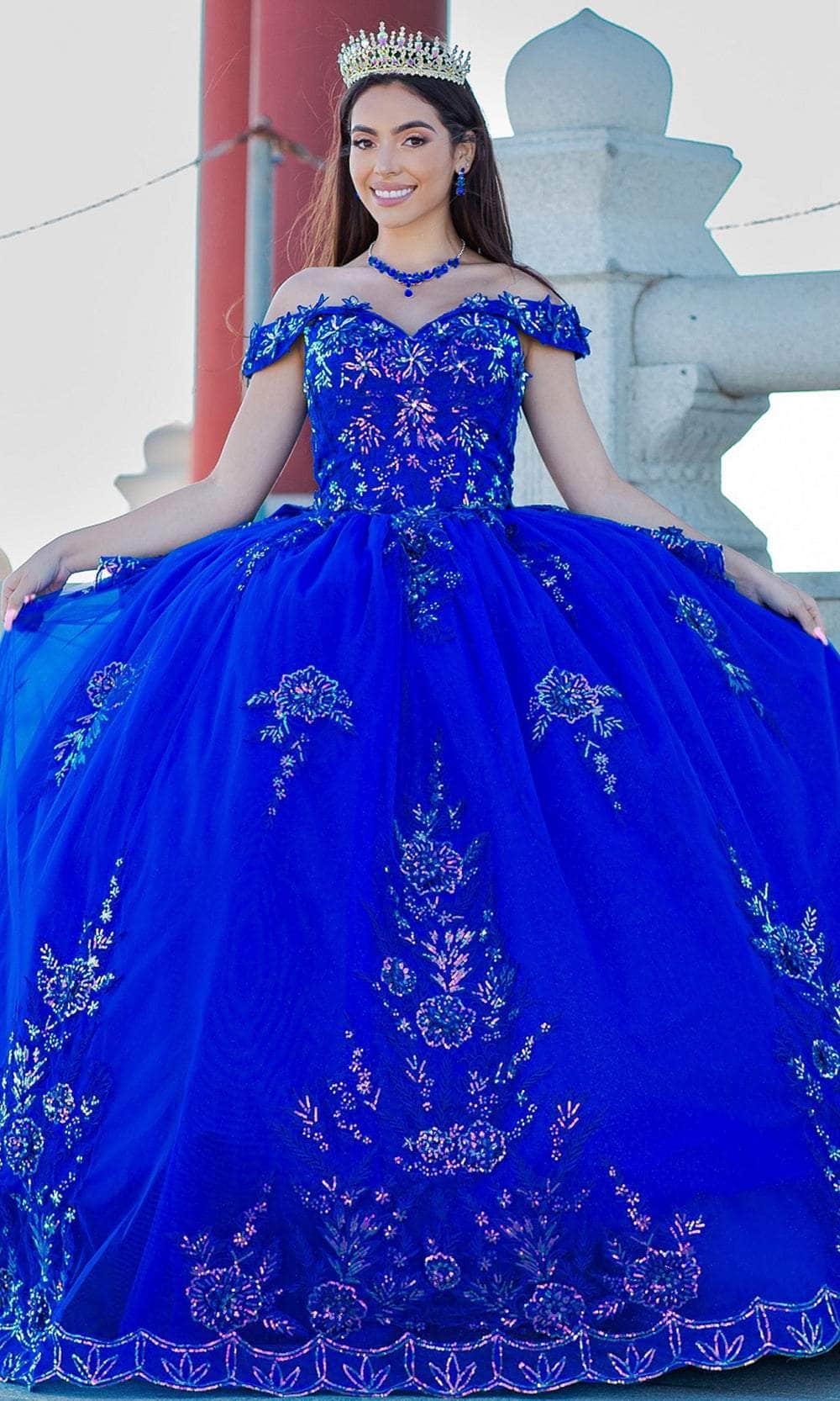 Cinderella Couture 8100J - Off-Shoulder Beaded Applique Ballgown Ball Gowns XS / Royal
