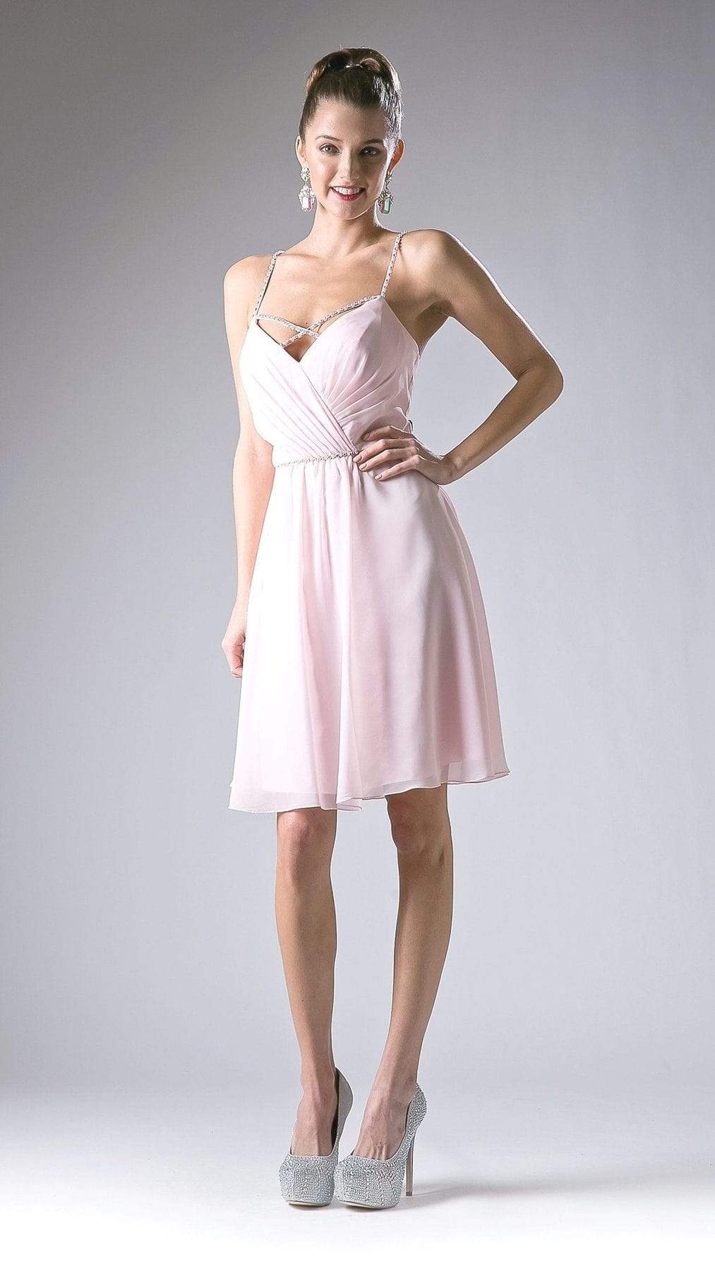 Cinderella Divine - 1009 Beaded V-neck Chiffon A-line Dress Special Occasion Dress XS / Pink