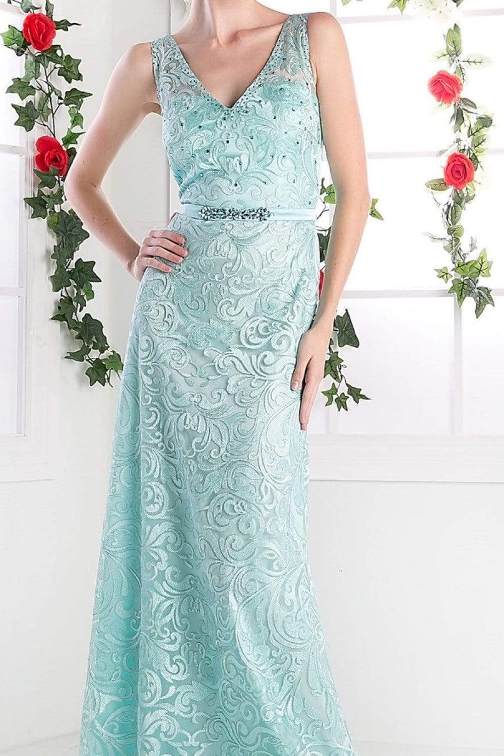 Cinderella Divine - 1420 Beaded Lace V-neck Sheath Dress Evening Dresses