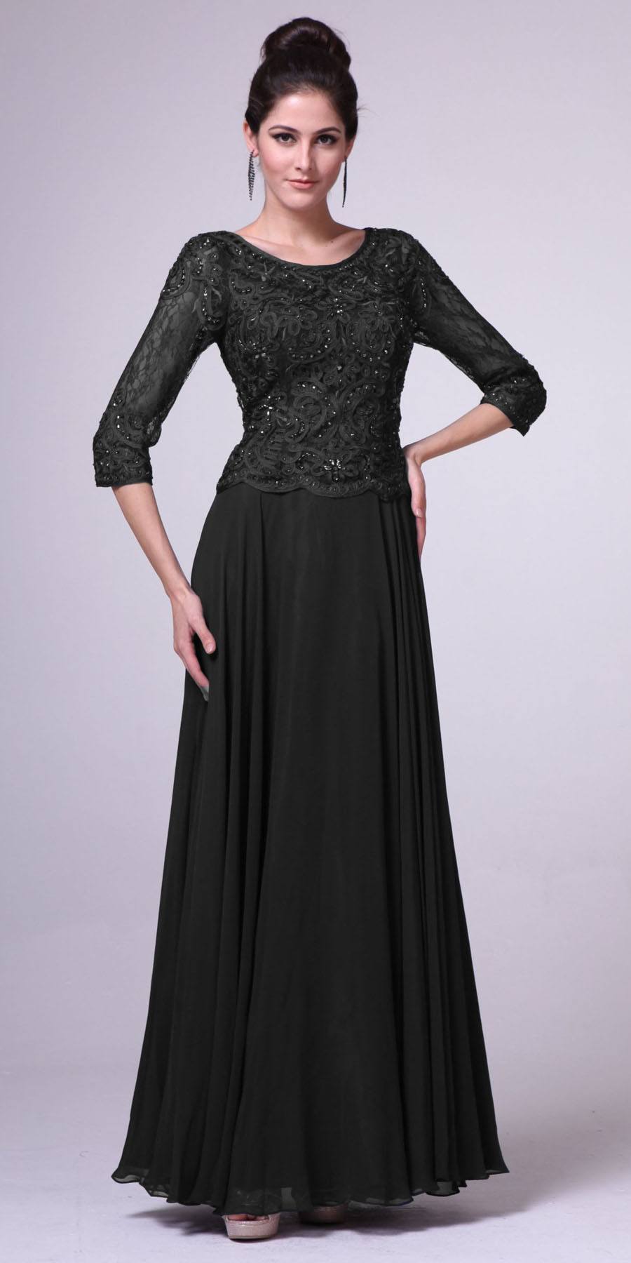 Cinderella Divine - 14327 Quarter Sleeve Soutache Bodice A-Line Long Formal Dress Mother of the Bride Dresses XS / Black