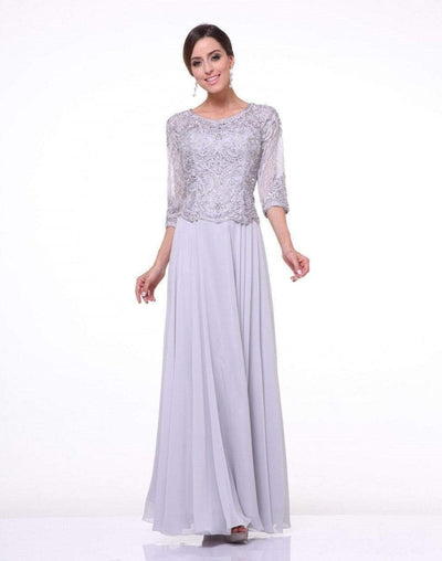 Cinderella Divine - 14327 Quarter Sleeve Soutache Bodice A-Line Long Formal Dress Mother of the Bride Dresses XS / Silver