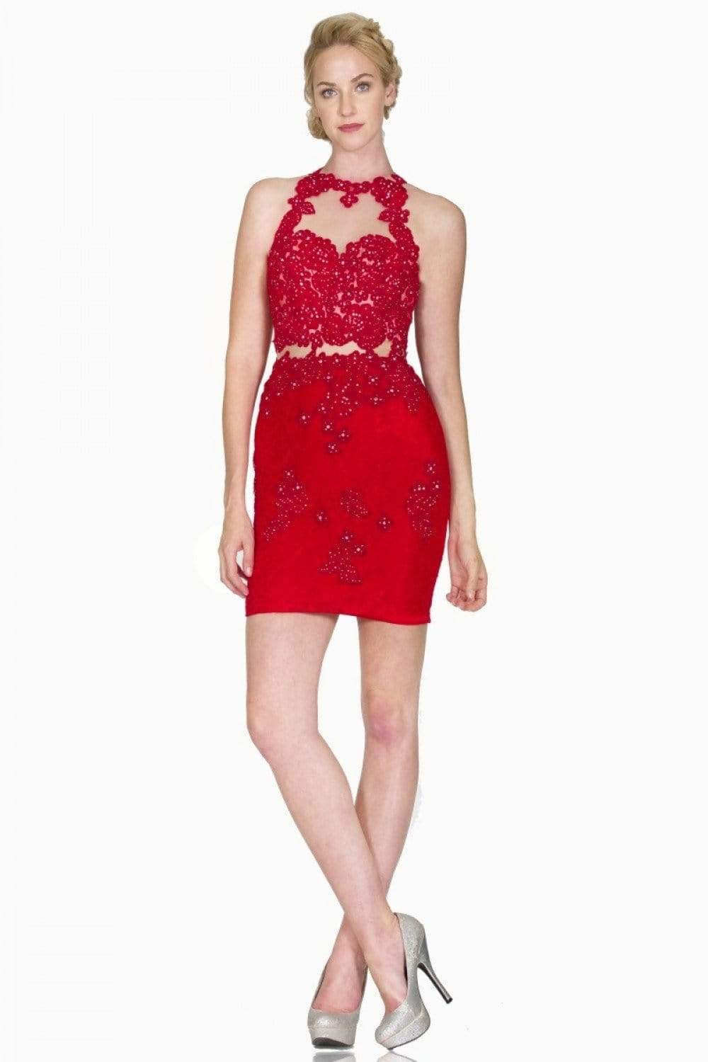 Cinderella Divine - 1586S Lace Appliqued Illusion Midriff Sheath Short Formal Dress Special Occasion Dress 2 / Red