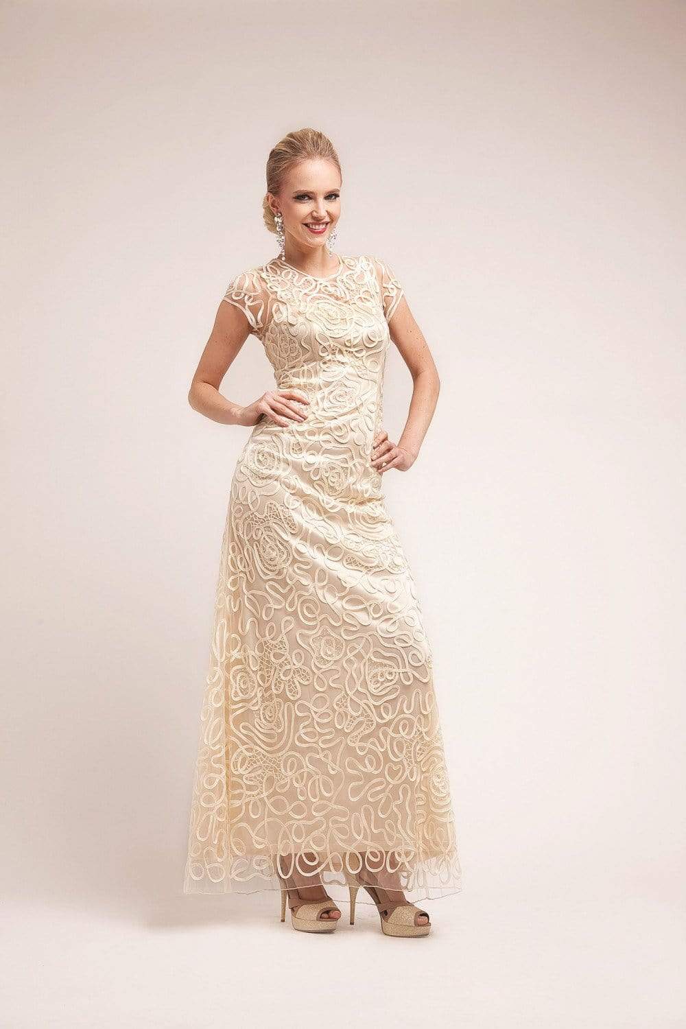 Cinderella Divine - 1920 Embellished Illusion Jewel Neck Sheath Dress Special Occasion Dress XS / Cream