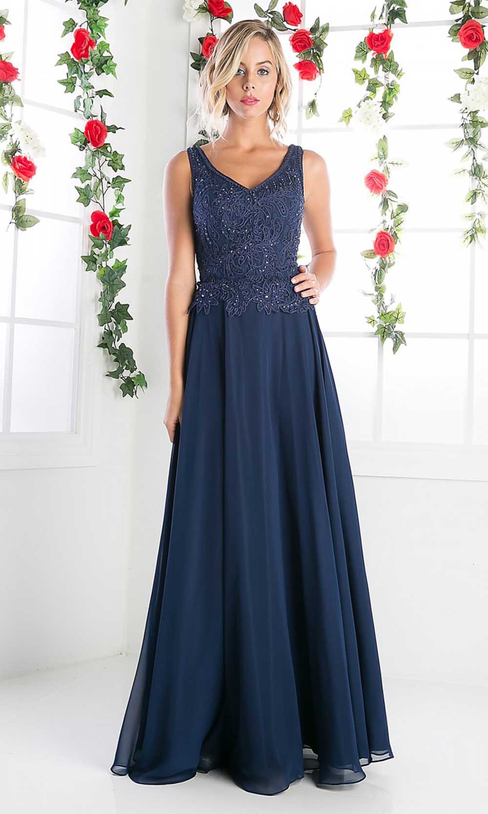 Cinderella Divine - 1945 Sleeveless Lace Appliqued A-Line Long Dress Evening Dresses XS / Navy