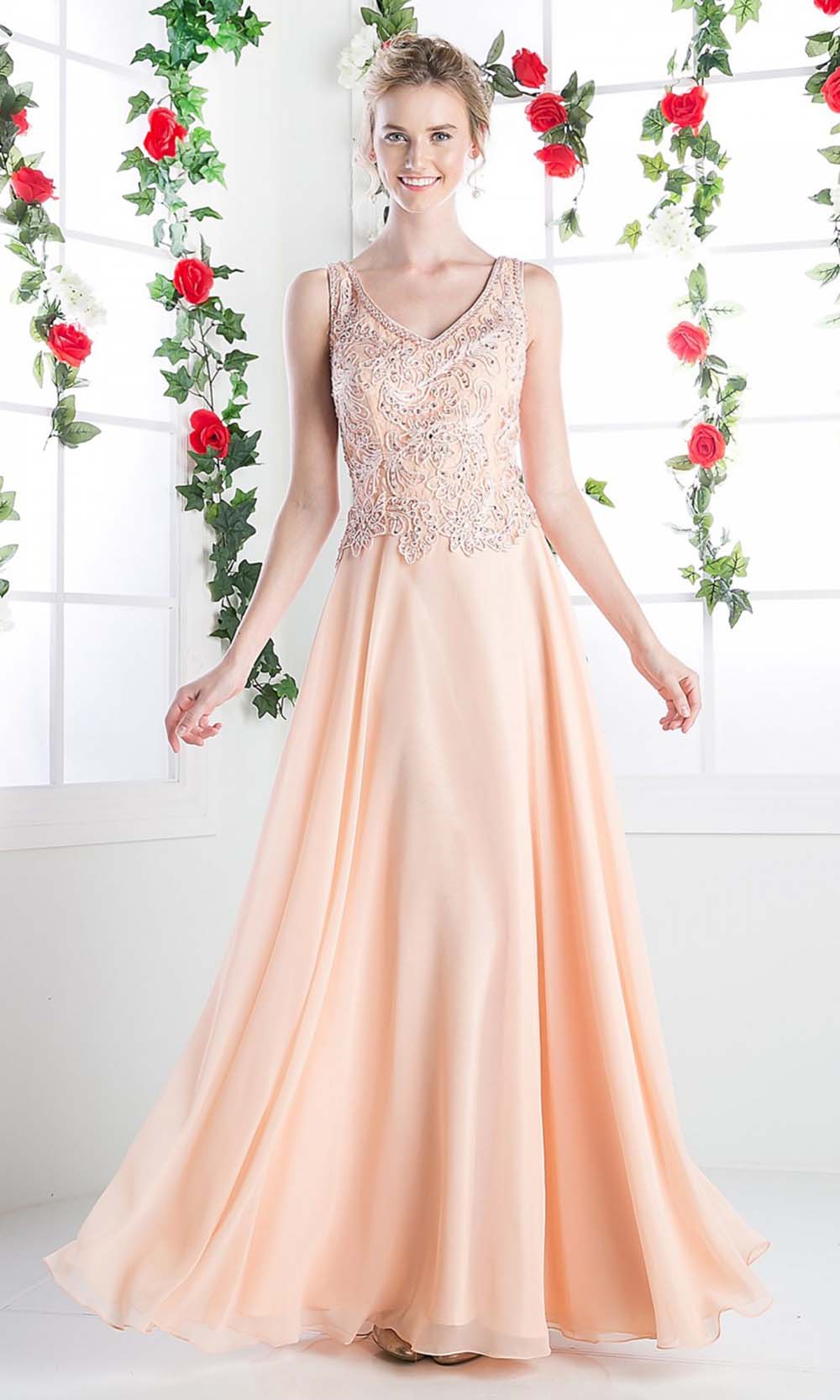 Cinderella Divine - 1945 Sleeveless Lace Appliqued A-Line Long Dress Evening Dresses XS / Peach