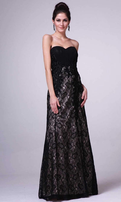 Cinderella Divine - 21500 Strapless Embroidered A-line Dress Evening Dresses 2 / Black-Nude